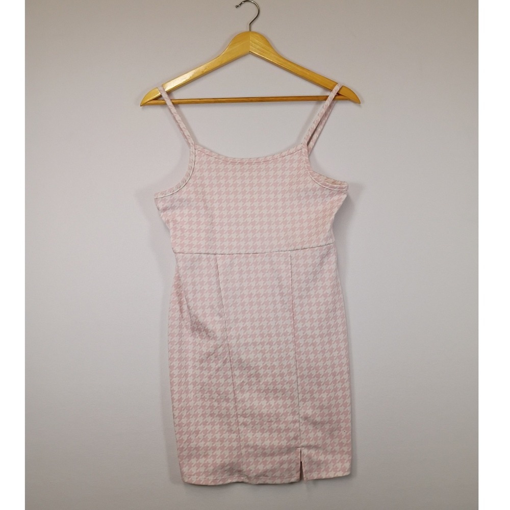 Coquette Preppy btween Girls Size 12 Pink Houndstooth Cami Dress Front Slit